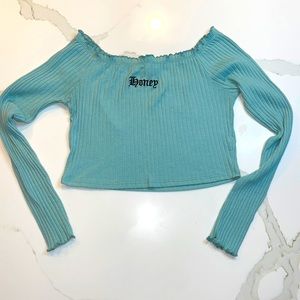 Teal long sleeve “honey” crop top